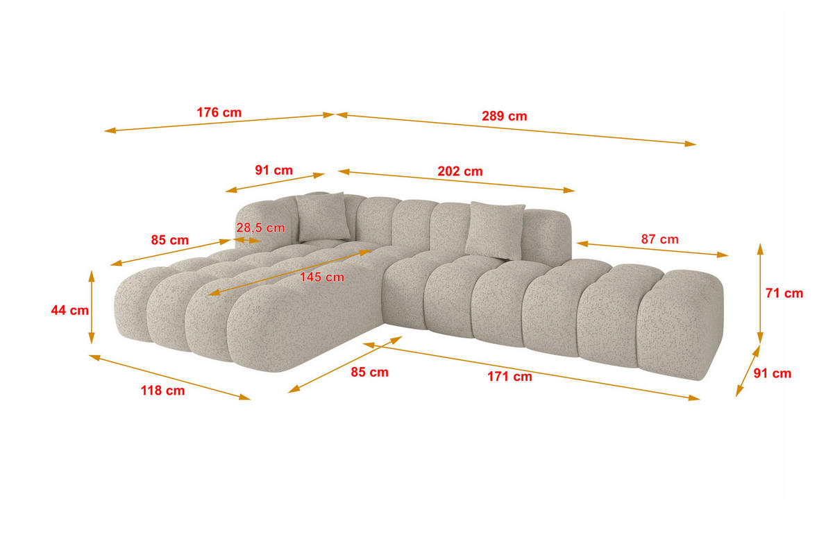 ECKSOFA Ottomane Links OLEA-L2 - 289x176x71 cm Beige - Beige/Schwarz, Holzwerkstoff/Kunststoff (289/176cm)
