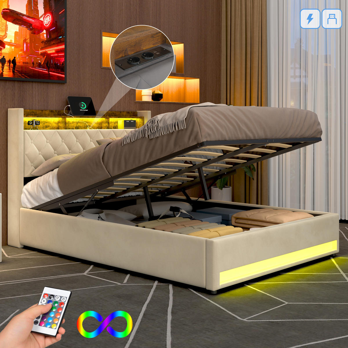 POLSTERBETT 180/200 cm mit Bettkasten und Steckdose Boxspringbett mit USB und LED-Licht Stauraumbett ohne Matratze - Beige, Holzwerkstoff/Textil (180/200cm) - STILVORA
