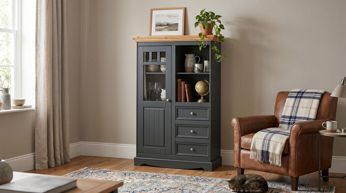VITRINE Belluno Elegante Kiefer Natur gebeizt / basaltgrau (RAL7012) lackiert 89 / 44 / 130cm - Grau/Kieferfarben, Holz/Metall (89/130/44cm) - Feldmann-Wohnen