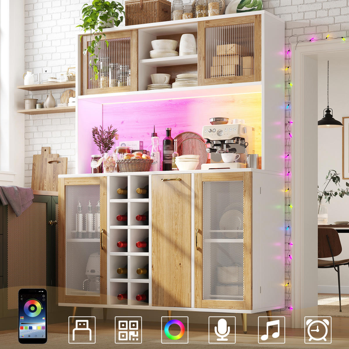 BUFFETSCHRANK 120/40/170 cm Weiß/Holzdekor aus MDF mit LED und Steckdose - Weiß, Holzwerkstoff (120/170/40cm) - OKWISH