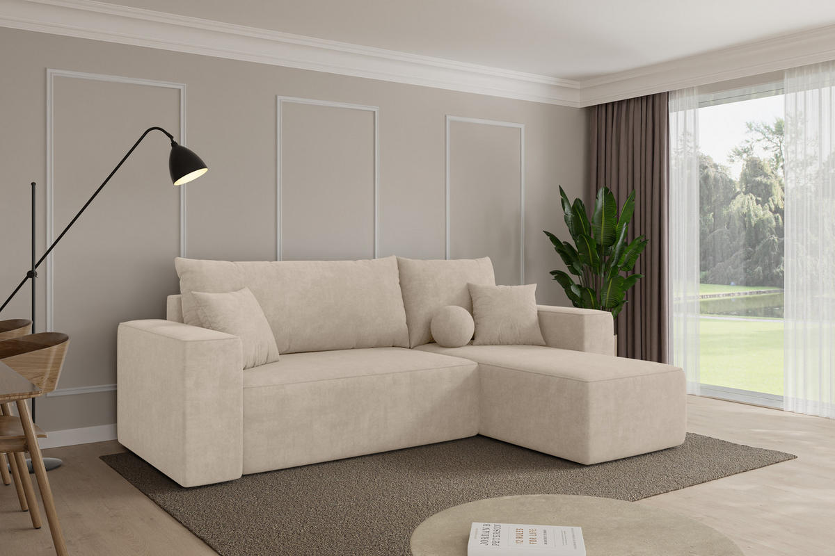 ROHOVÁ SEDAČKA s funkcí spaní, otoman vpravo SENO-L 249x139x85 béžová velur - černá/Sahara, kompozitní dřevo/textil (249/139cm) - ALTDECOR
