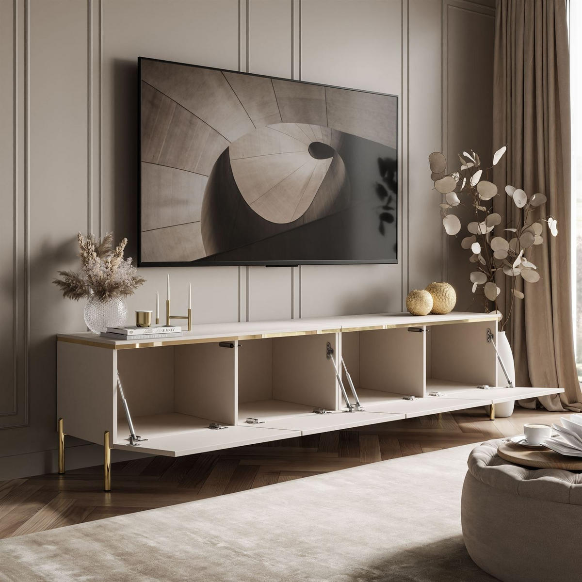 TV-LOWBOARD CELINE KASCHMIR 200 cm auf geraden goldenen Chrom-Beinen - Kaschmir/Goldfarben, Holzwerkstoff/Metall (200/49/40cm) - Lookway