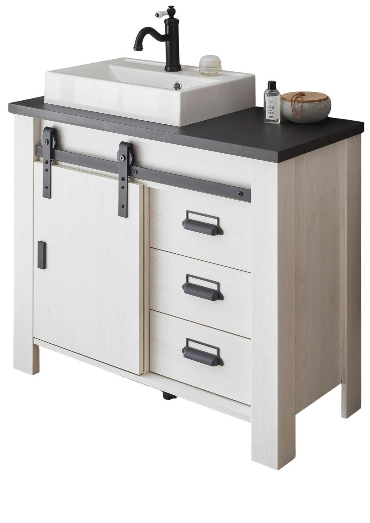 WASCHBECKENUNTERSCHRANK weiß Pinie, anthrazit Landhaus, Waschtisch inklusive Waschbecken - Anthrazit/Weiß, Holzwerkstoff/Metall (95/81/43cm) - Furn.Design