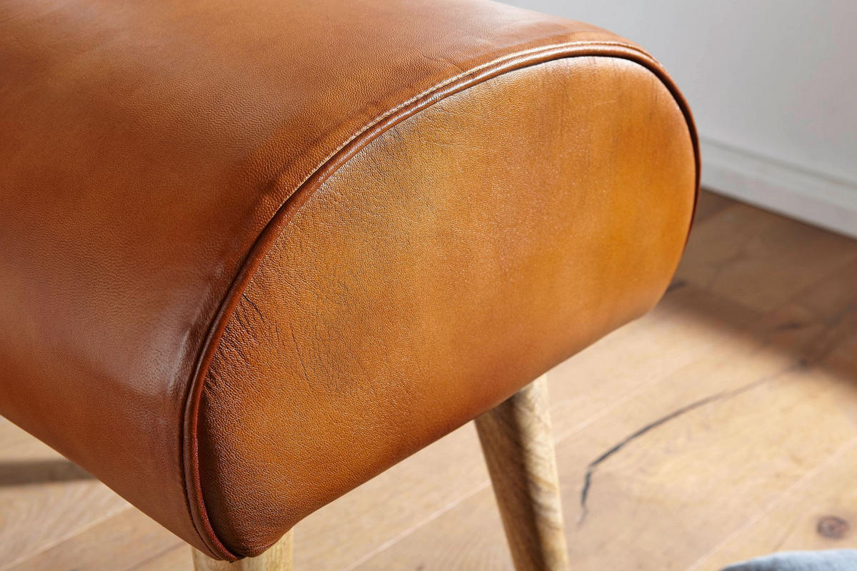 SITZHOCKER – Echtleder/Massivholz, 45x53x40 cm, 120 kg Belastbarkeit - Braun, Mangoholz/Leder (45/53/40cm) - KADIMA DESIGN