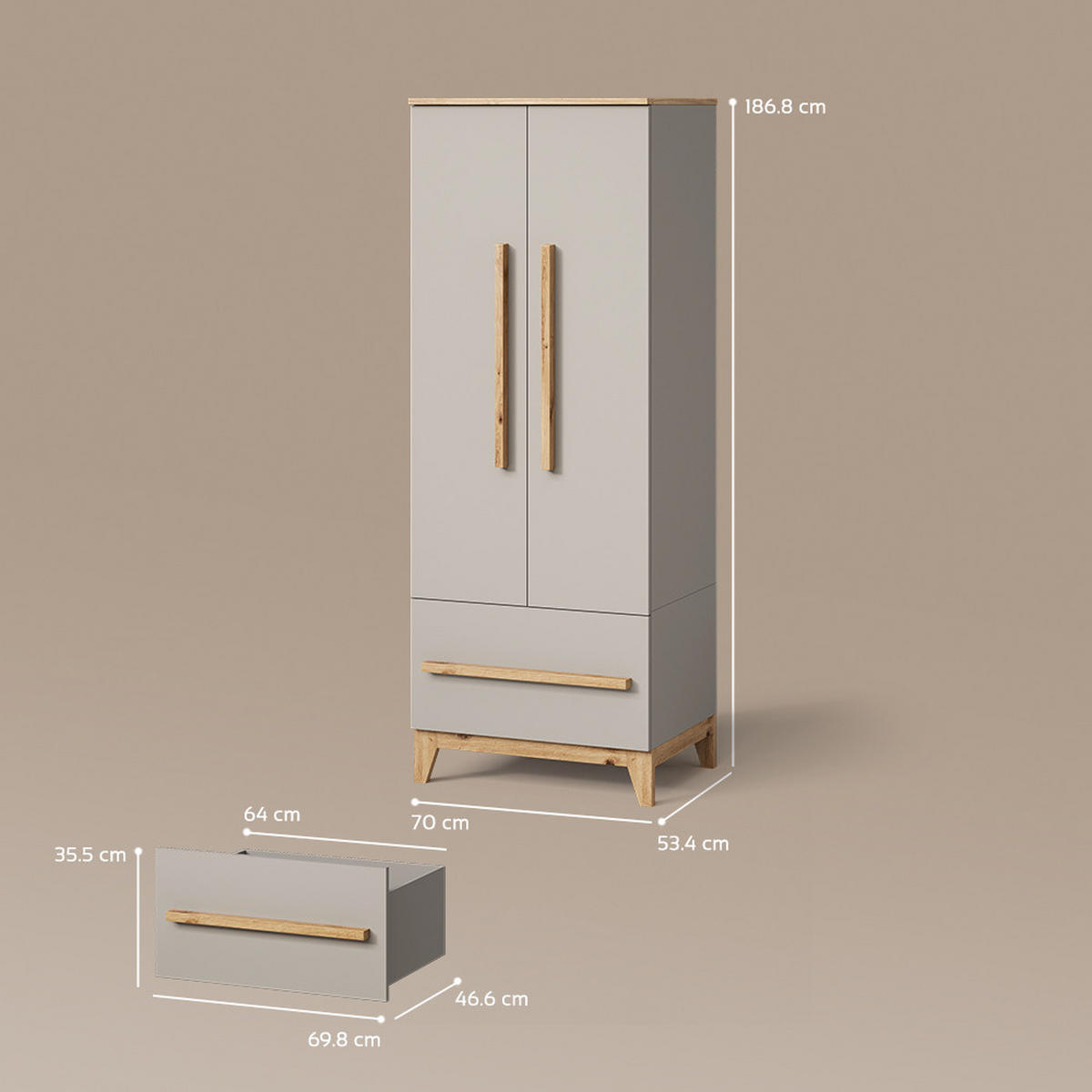 KINDERKLEIDERSCHRANK Mailo Kašmir/Obrtnički rad 70 x 186.8 cm s klupom - boje kašmira/hrast Artisan, drvni materijal (70/186.8/53.4cm) - Livinity®