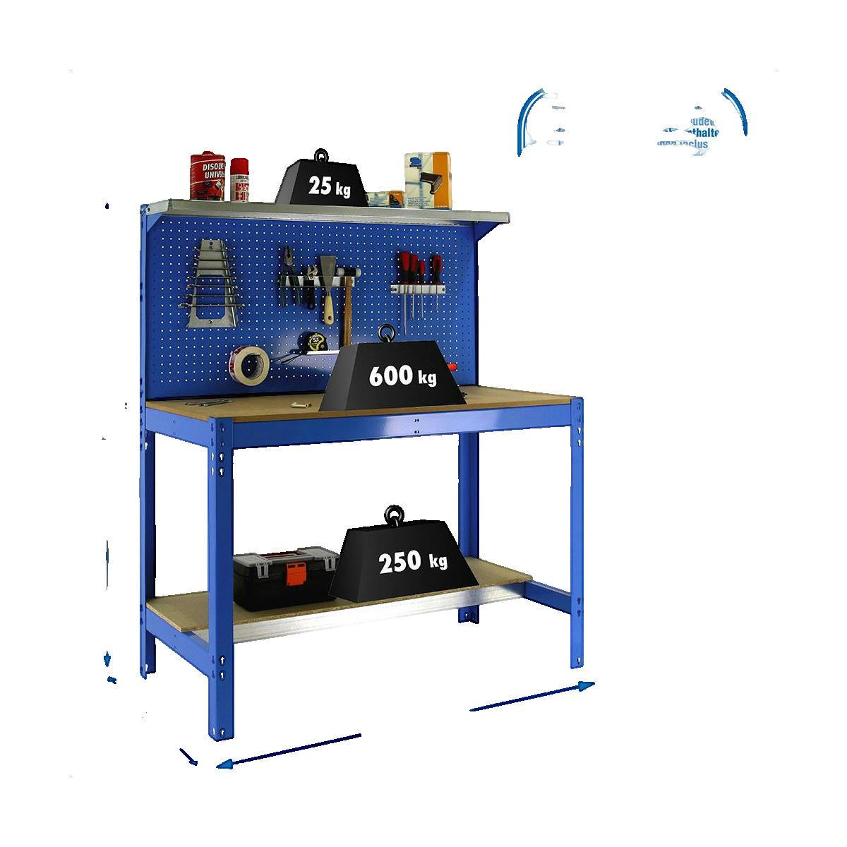 WERKBANK BUFFALO mit Werkzeugwand und Ablage | HxBxT 84x120x61cm | Traglast 600kg | Blau - Blau, Metall (121/144.5/61cm) - Sonstige