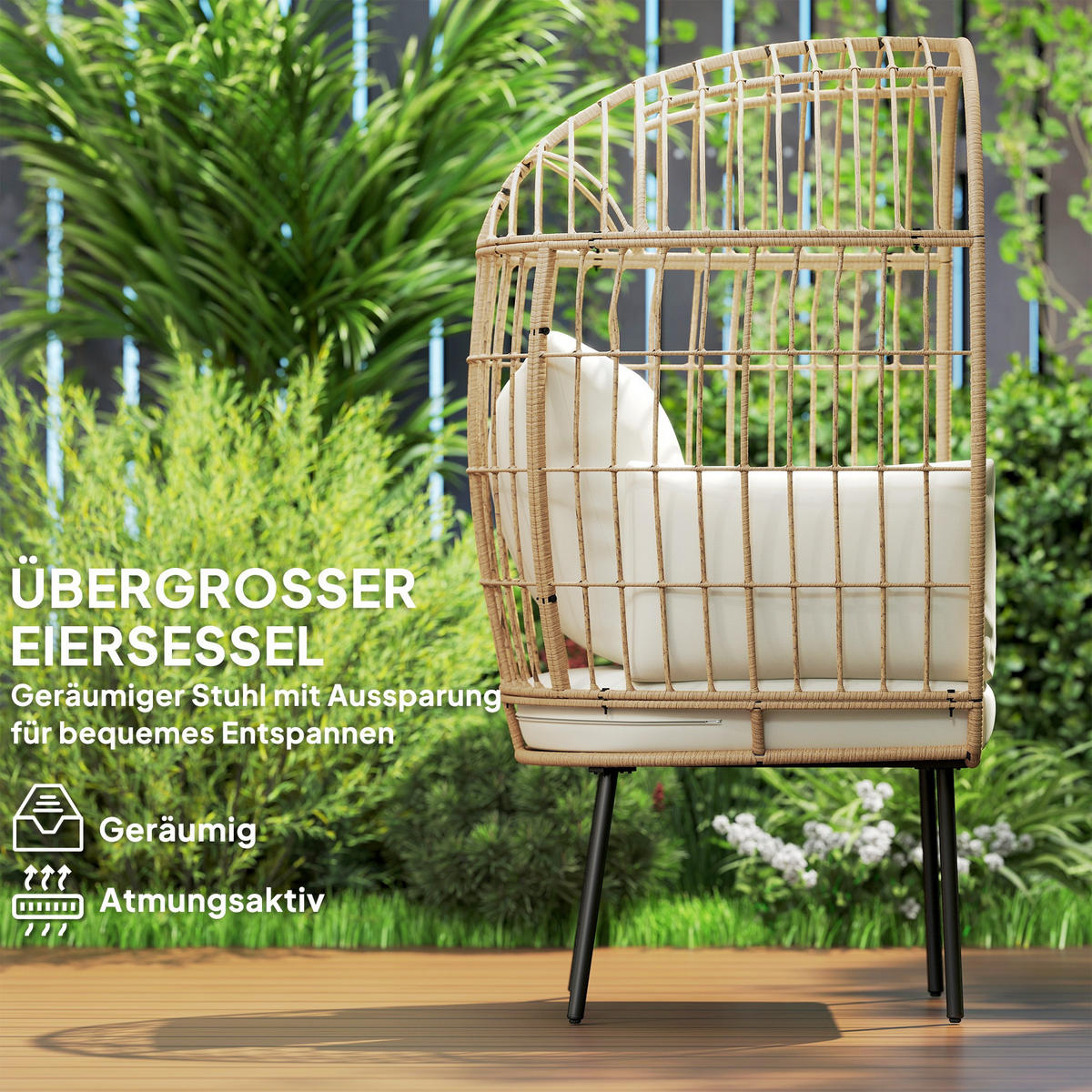 RATTANSESSEL DE-06740 mit abnehmbarem Kissen & Polster Beige - Beige, Kunststoff/Metall (80/155/95cm) - ComfortXL