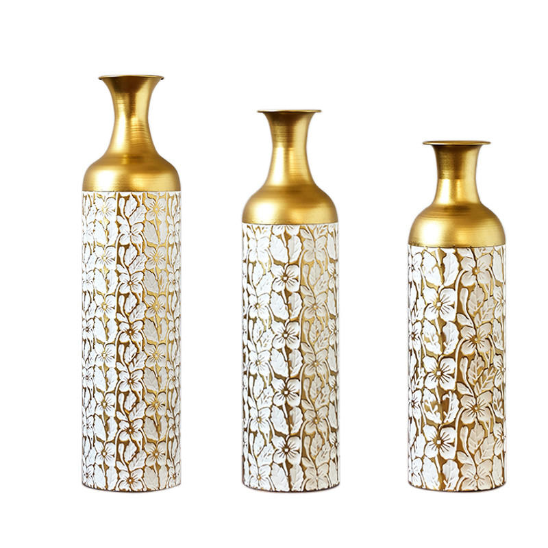 BODENVASE 3-tlg Bodenvase groß 50/66/85cm Metallvase Gold-Weiß mit Blumenmuster Deko - Goldfarben, Metall (91.98cm) - Raelunyi