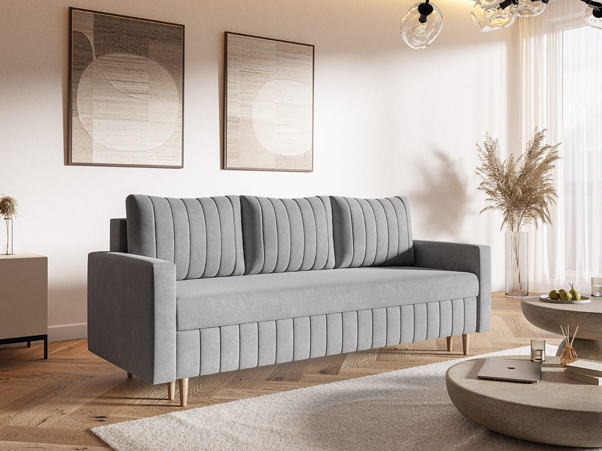 SCHLAFSOFA 215 cm Scandi, 3-seater, Bettkasten, Beine, Hellgrau - Hellgrau, Holz (215/94/90cm) - Emporius