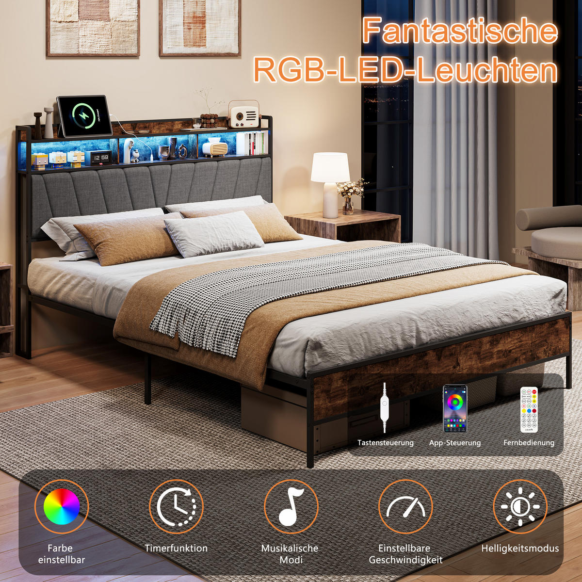 ČALÚNENÁ posteľ 160x200 cm s RGB LED, úložným čelom a USB - hnedá, drevo (160/200cm) - SHOPENTRA