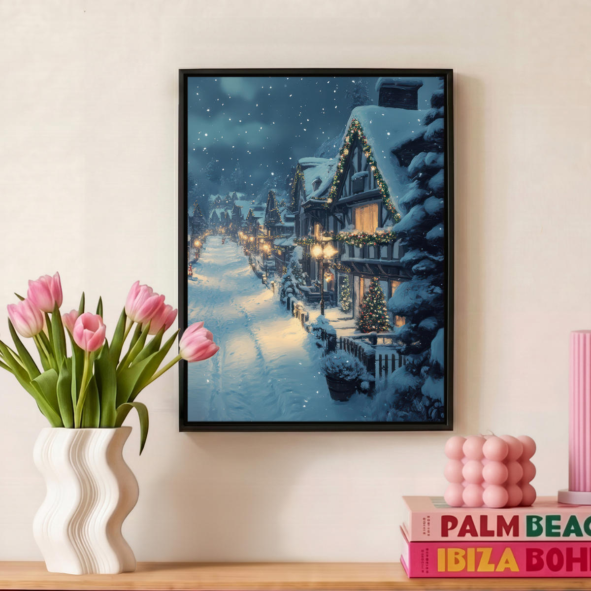 LEINWAND Bilder mit Rahmen - Weihnachtsdorf - Weihnachten - Schnee - Winter - 30x40 - Dunkelblau, Textil (30/40cm) - MuchoWow