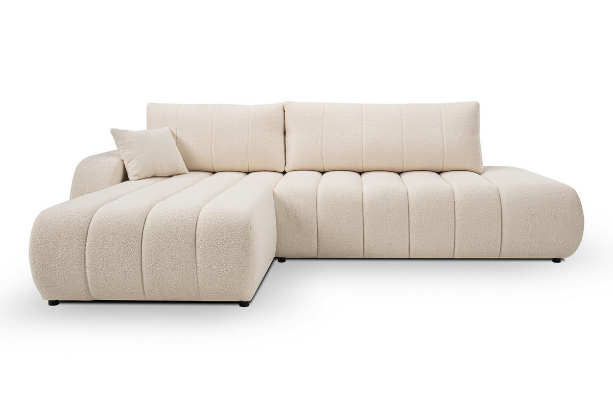 ECKSOFA GIOIA L-S Creme Boucle-Stoff mit Schlaffunktion - Creme, Holz (276/176cm) - MASSENO
