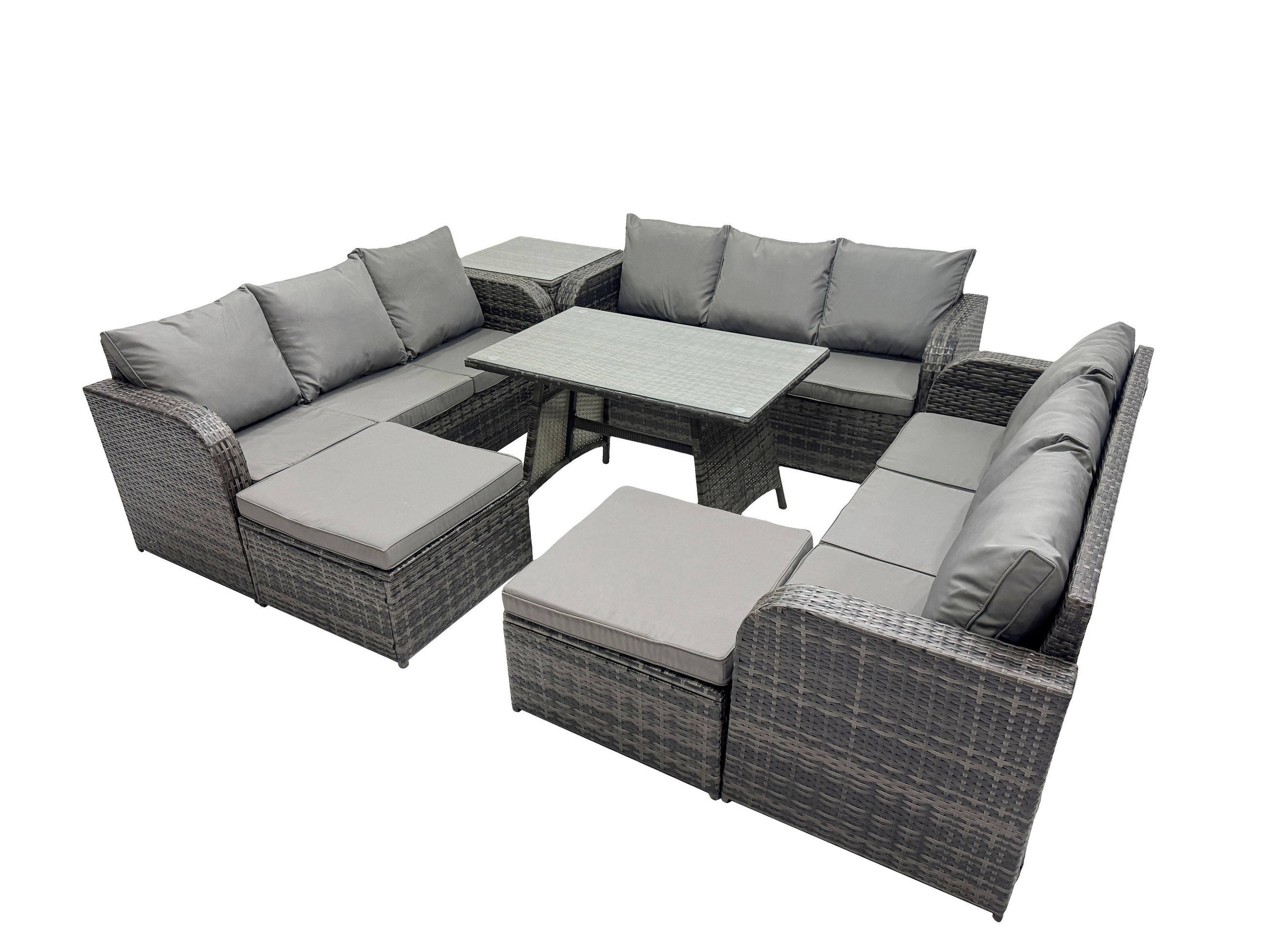 GARTENMÖBELSET mit ESSTISCH, 3-SITZER SOFA Polyrattan 11-Sitzer - Dunkelgrau/Grau, Glas/Kunststoff - Fimous