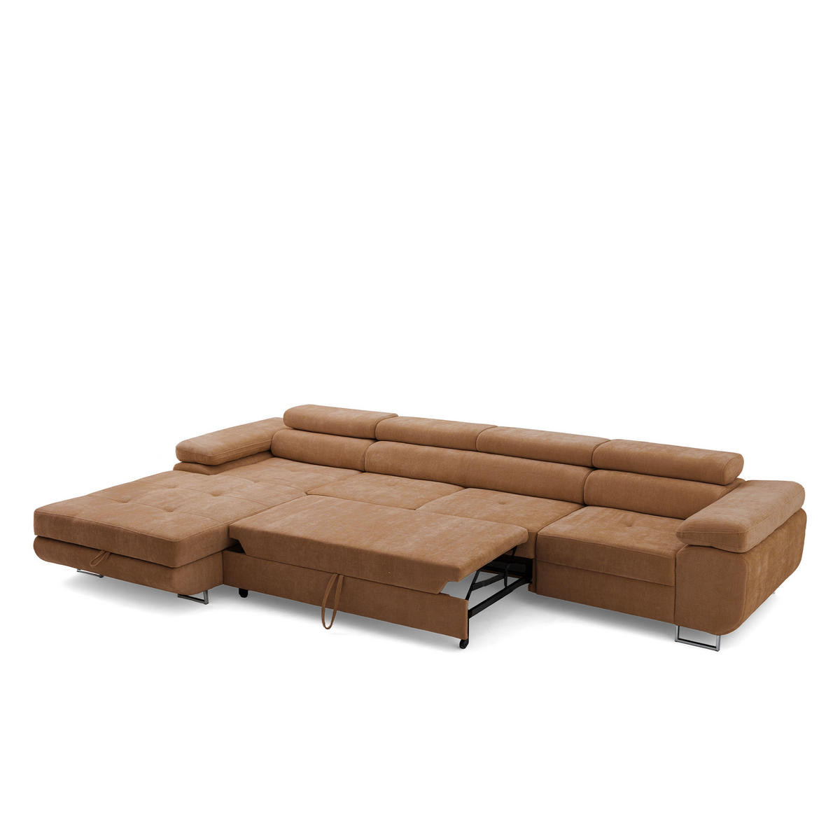 ECKSOFA ALONZO MAXI Links mit Schlaffunktion 125x195 Chenille Braun - Chromfarben/Braun, Holz/Textil (350/203cm) - Muffo