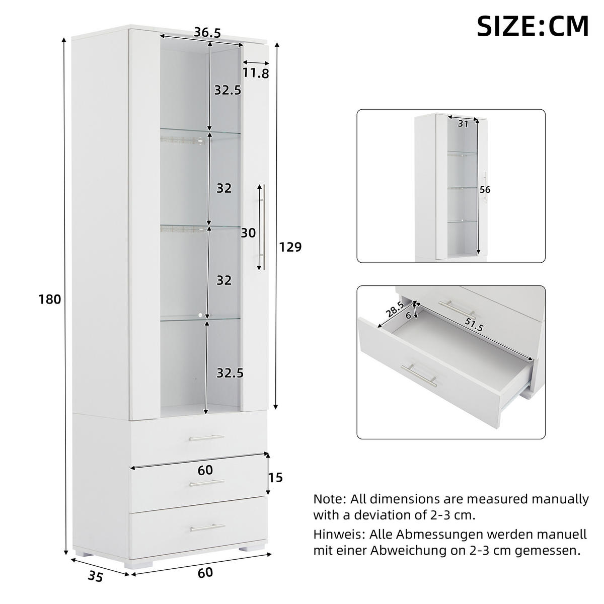 VITRINE in Weiß Standvitrine mit LED-Beleuchtung und 3 Schubladen für Wohnzimmer, B60/T35/H180cm - Transparent/Weiß, Glas/Holzwerkstoff (60/180/35cm) - STILVORA