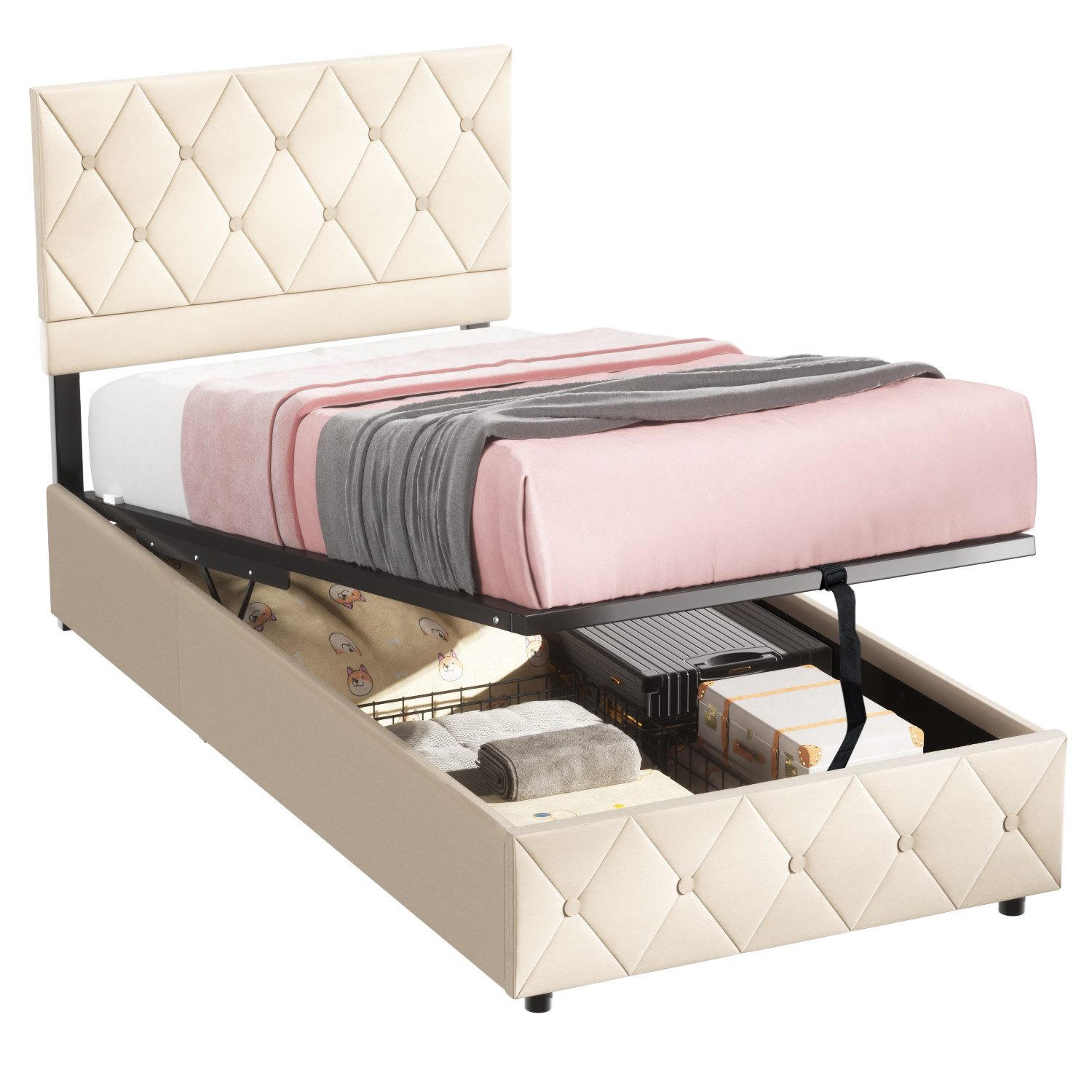 POLSTERBETT 90/200 cm Beige mit hydraulischem Stauraum aus Samt - Beige, Holzwerkstoff (90/200cm) - OKWISH