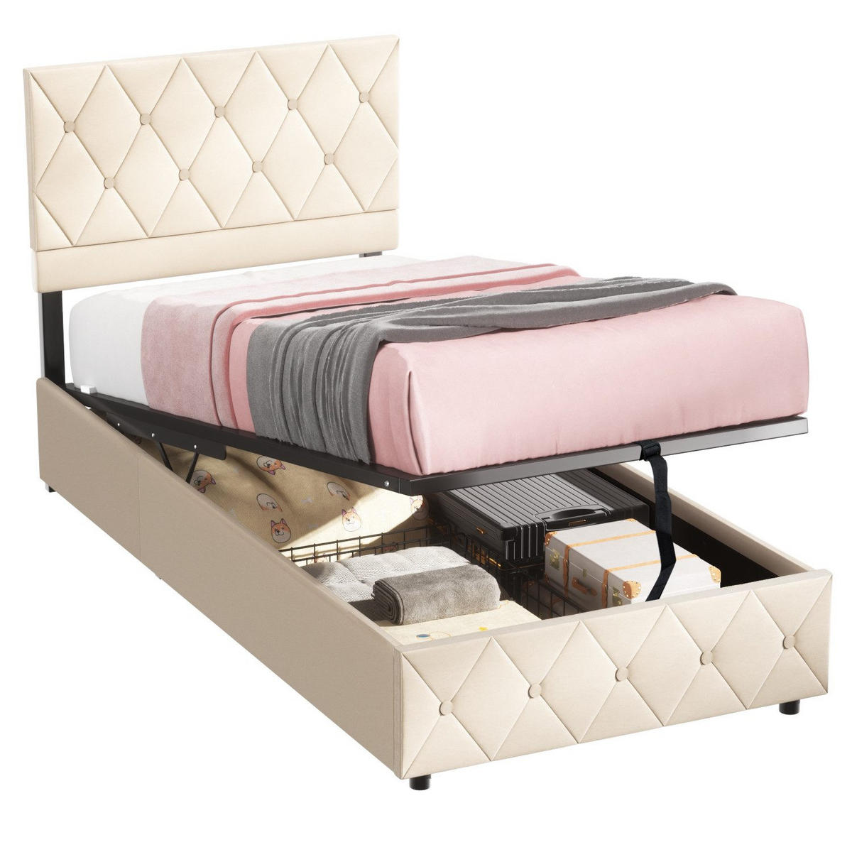 POLSTERBETT 90/200 cm Beige mit hydraulischem Stauraum aus Samt - Beige, Holzwerkstoff (90/200cm) - OKWISH