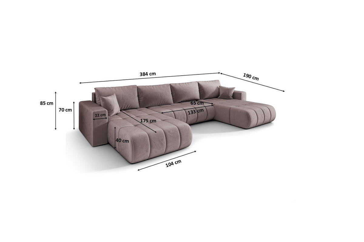 ECKSOFA mit schlaffunktion und bettkasten MILO U PREMIUM, stoff MONOLITH, Lila - Violett, Holz (384/190cm) - Kaiser Möbel