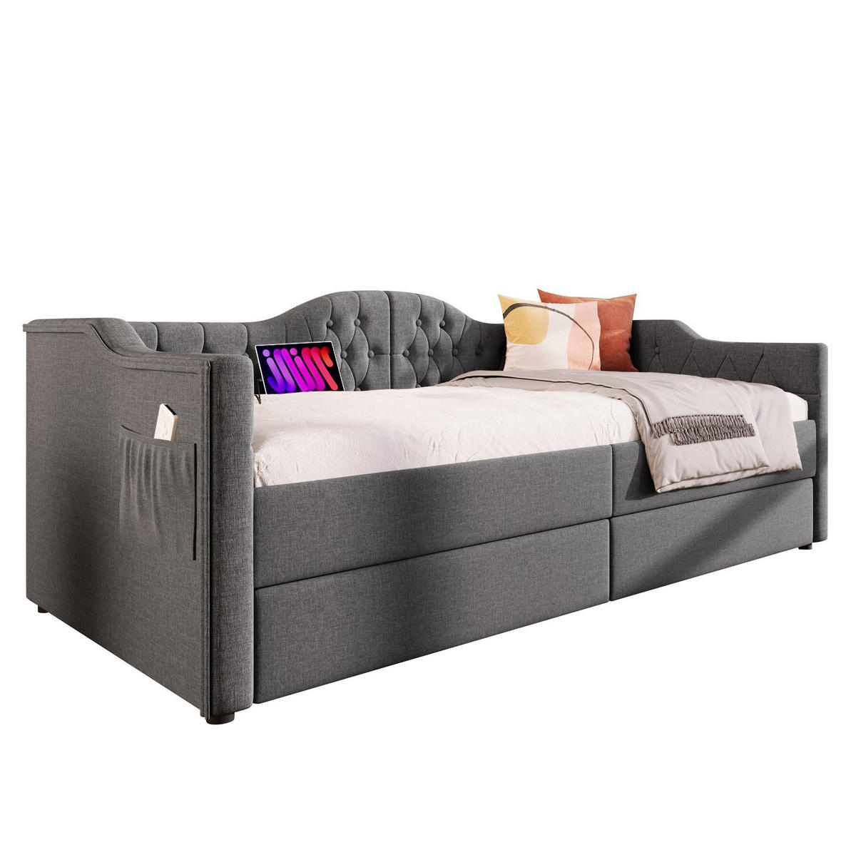 POLSTERBETT 90/200 cm Grau mit Ladefunktion und 2 Schubladen - Grau, Textil (90/200cm) - OKWISH