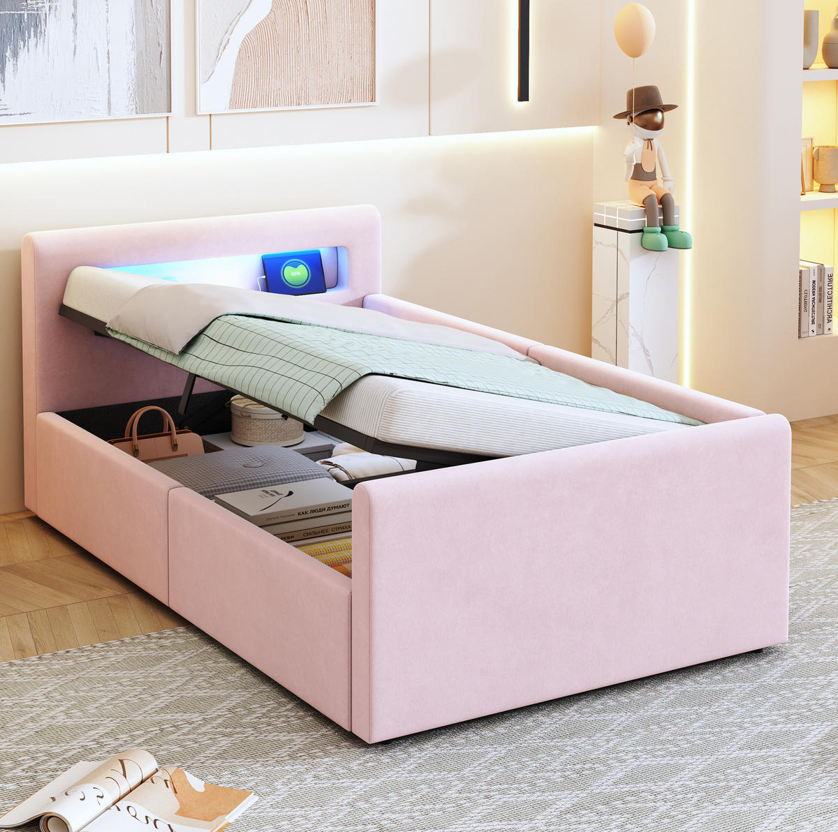 KINDERBETT aus Samtstoff 90x200 cm Rosa mit LED-Beleuchtung, USB-Anschluss und hydraulischem Stauraum - Rosa, Textil (90/200cm) - IVMEU