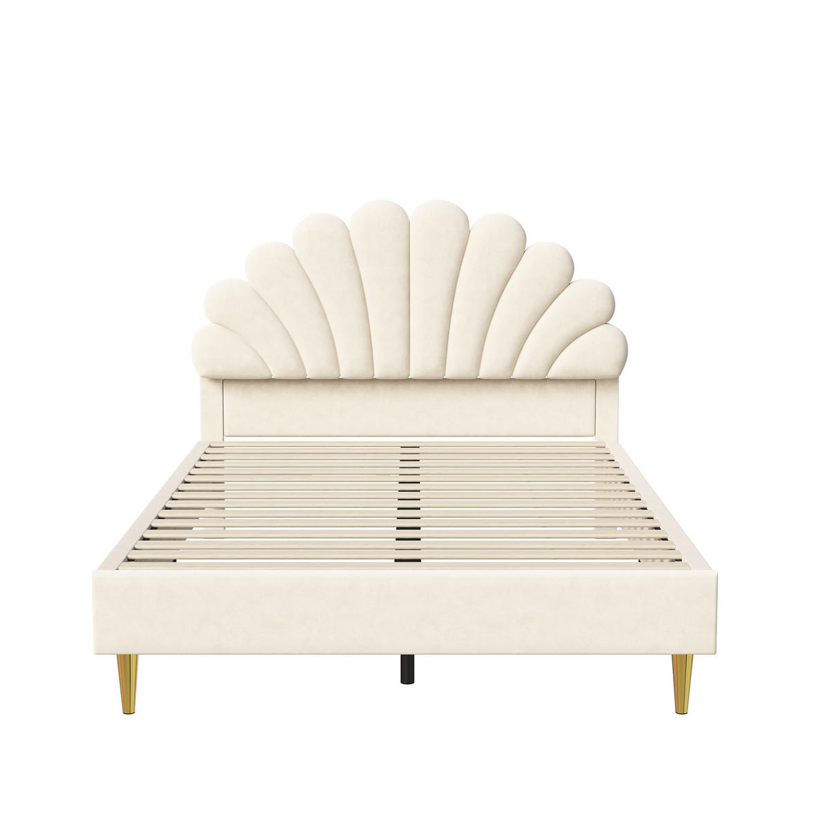 POLSTERBETT 140x200 cm, doppelbett, mit blütenblattförmigem Kopfteil, aus weichem Samt in beige - Beige, Holz/Textil (140/200cm) - BRILVERDE