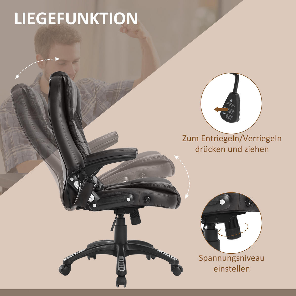 MASSAGESESSEL Bürostuhl Drehstuhl mit Wärmefunktion Chefsessel Bürosessel - Schwarz/Braun, Kunststoff (68/121/62cm) - HOMCOM