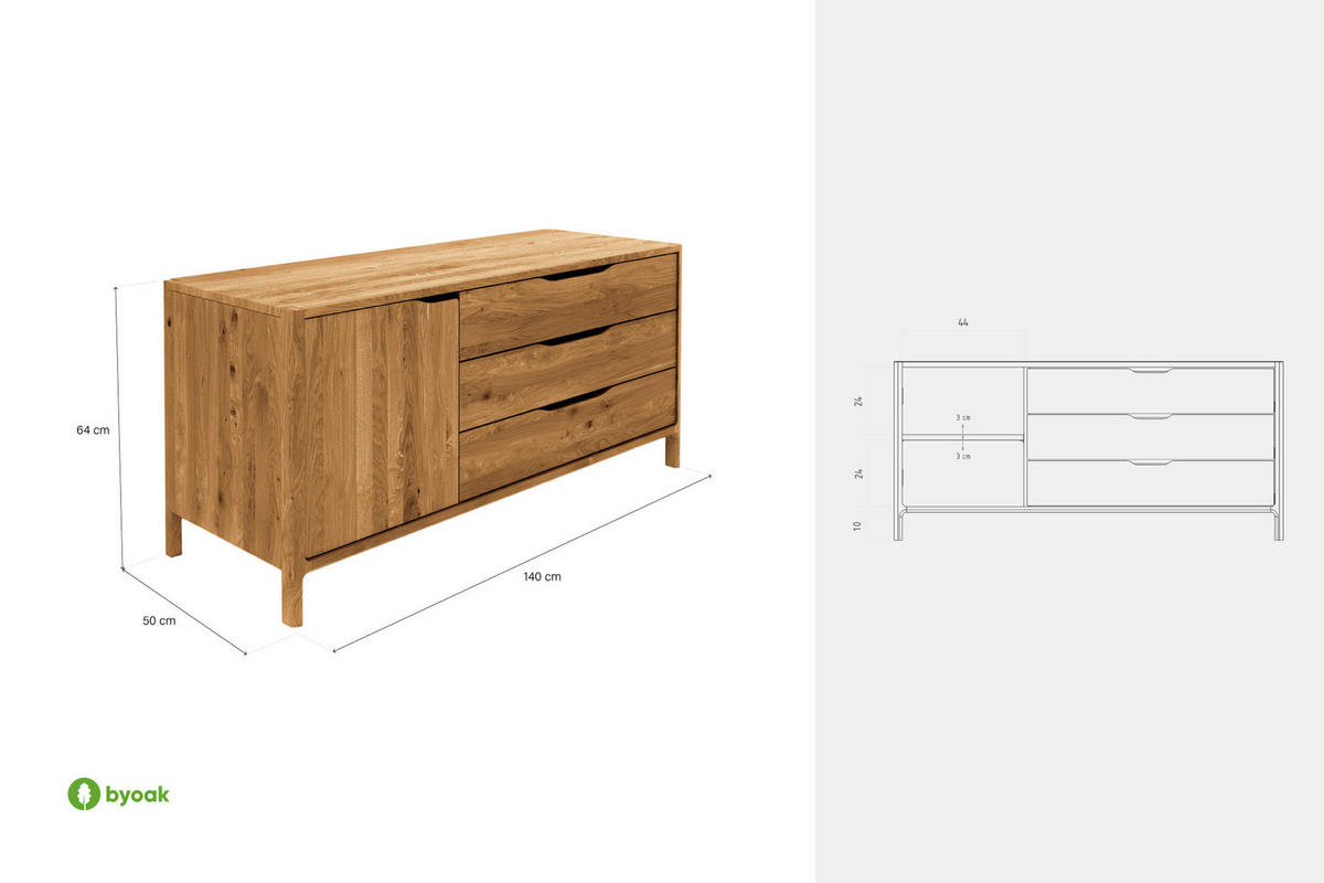KOMMODE PAUL Wildeiche - Wildeiche, Holz (140/64/50cm) - byoak