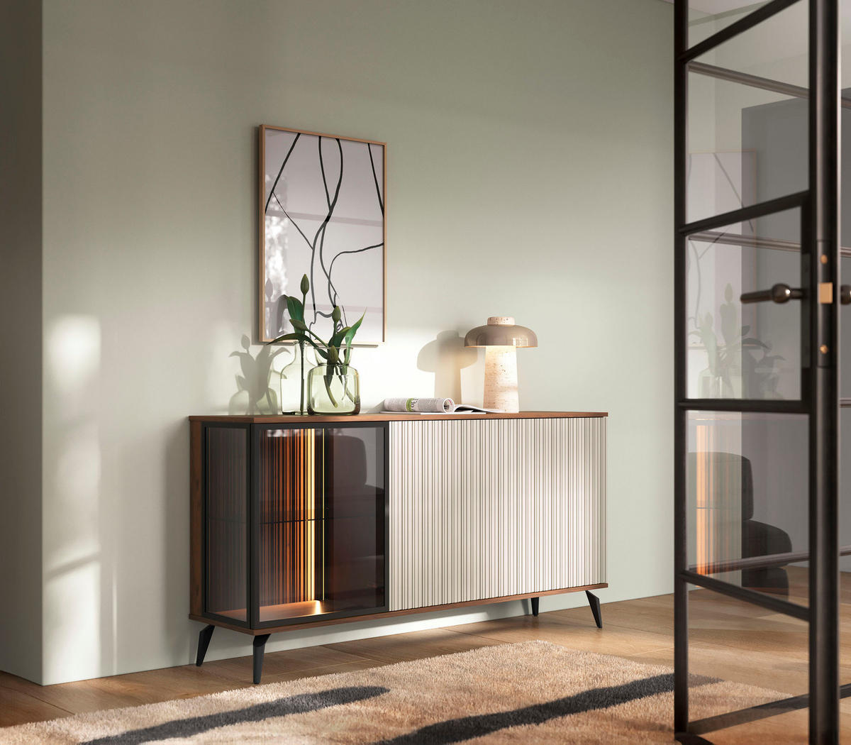 SIDEBOARD YUKO K154 154 cm (Warmia Nussbaum, Kaschmir, Glas, LED Inklusive) - Kaschmir/Walnussfarben, Glas/Holz (154/80/39cm) - Ravio