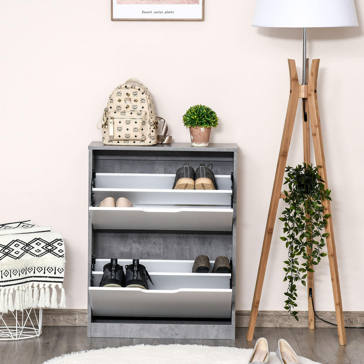 SCHUHSCHRANK DE-14978 2 Klapptüren mit verstellbaren Böden Grau - Weiß, Holzwerkstoff (62.5/81/26cm) - ComfortXL