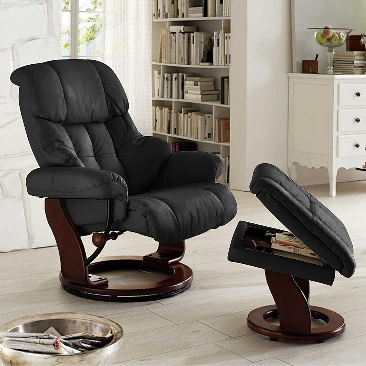 RELAXSESSEL mit Hocker - Echtleder / Kunstleder - Schwarz/Braun, Leder/Birkenholz (90/104/91cm) - home24