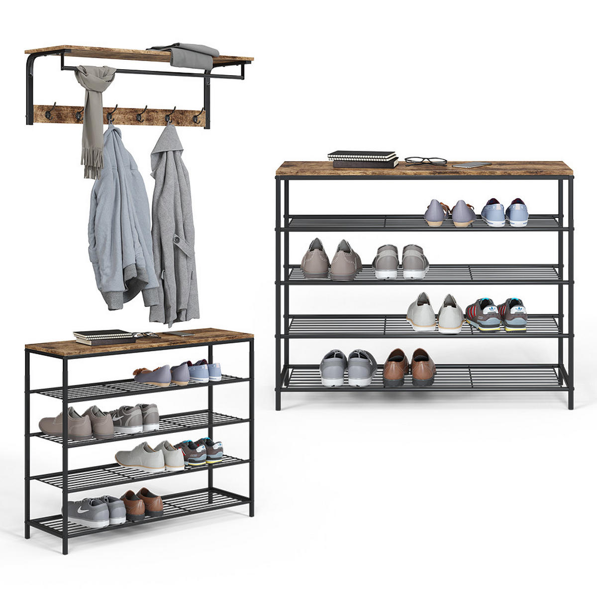 SCHUHBANK Fyrk Eiche rustikal 100 x 80 cm - Wildeiche/Schwarz, Holzwerkstoff (100/80/30cm) - Vicco