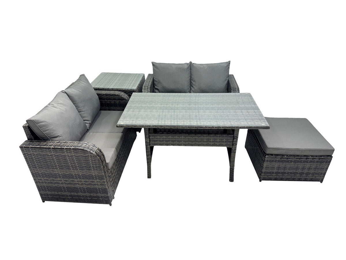 GARTENSET mit Zweisitzer,Hocker,Esstisch Polyrattan 5-Sitzer - Dunkelgrau/Grau, Glas/Kunststoff - Fimous