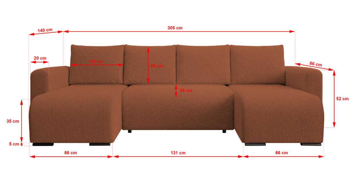 WOHNLANDSCHAFT DORA U mit Bettkasten und Schlaffunktion, U-Form, bequem - Orange, Textil (305/85/140cm) - Storez24