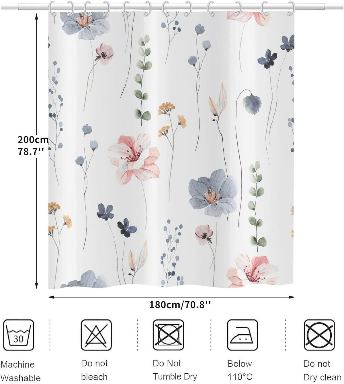 DUSCHVORHANG Blumen Muster beschwerter Saum schimmelresistent wasserabweisend waschbar Polyester fürs Badezimmer Badewanne - Weiß, Textil (200/180cm) - MCBOSON