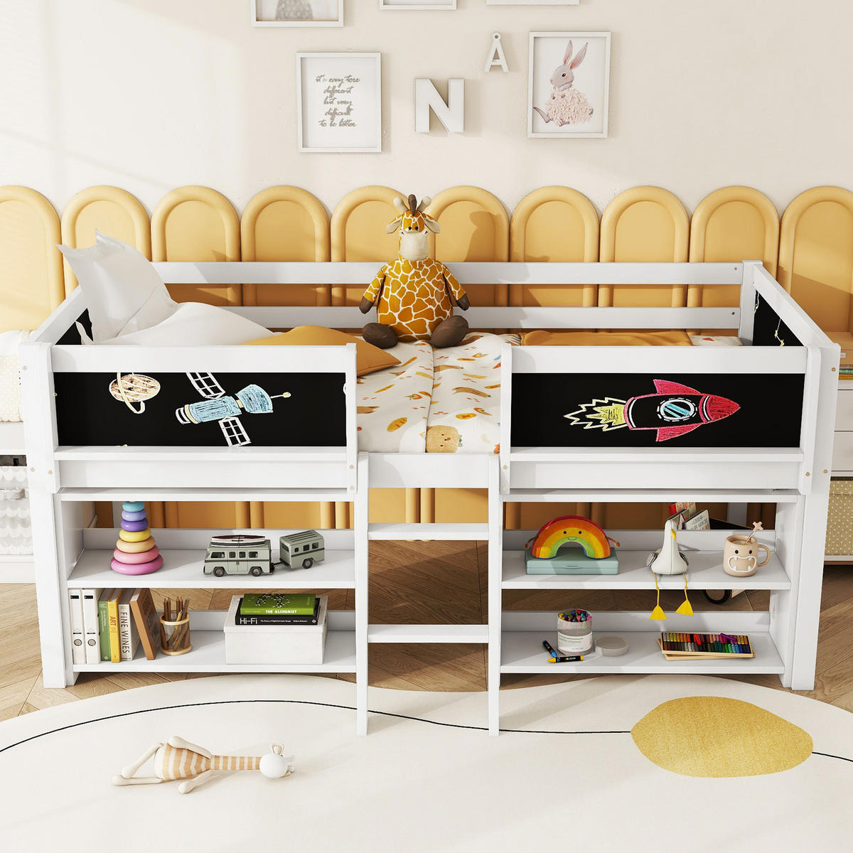 HALBHOHES BETT 90x200cm Weiß Kiefer Einlegeböden Geländer Leiter - Weiß, Holz (90/200cm) - FLIEKS