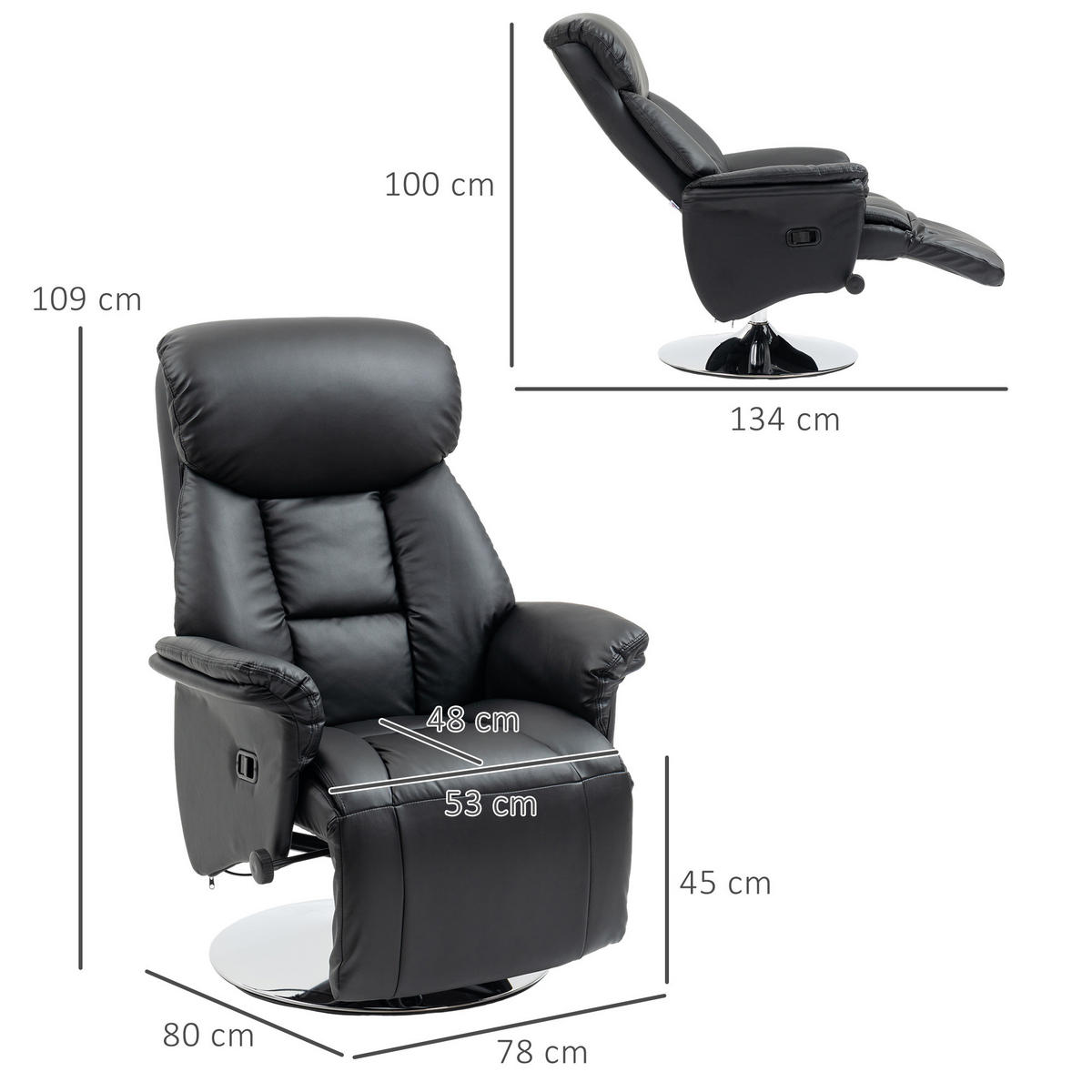 RELAXSESSEL Fernsehsessel mit Manuell Verstellbar Rückenlehne, Fußteil Schwarz - Schwarz, Leder (78/109/80cm) - HOMCOM