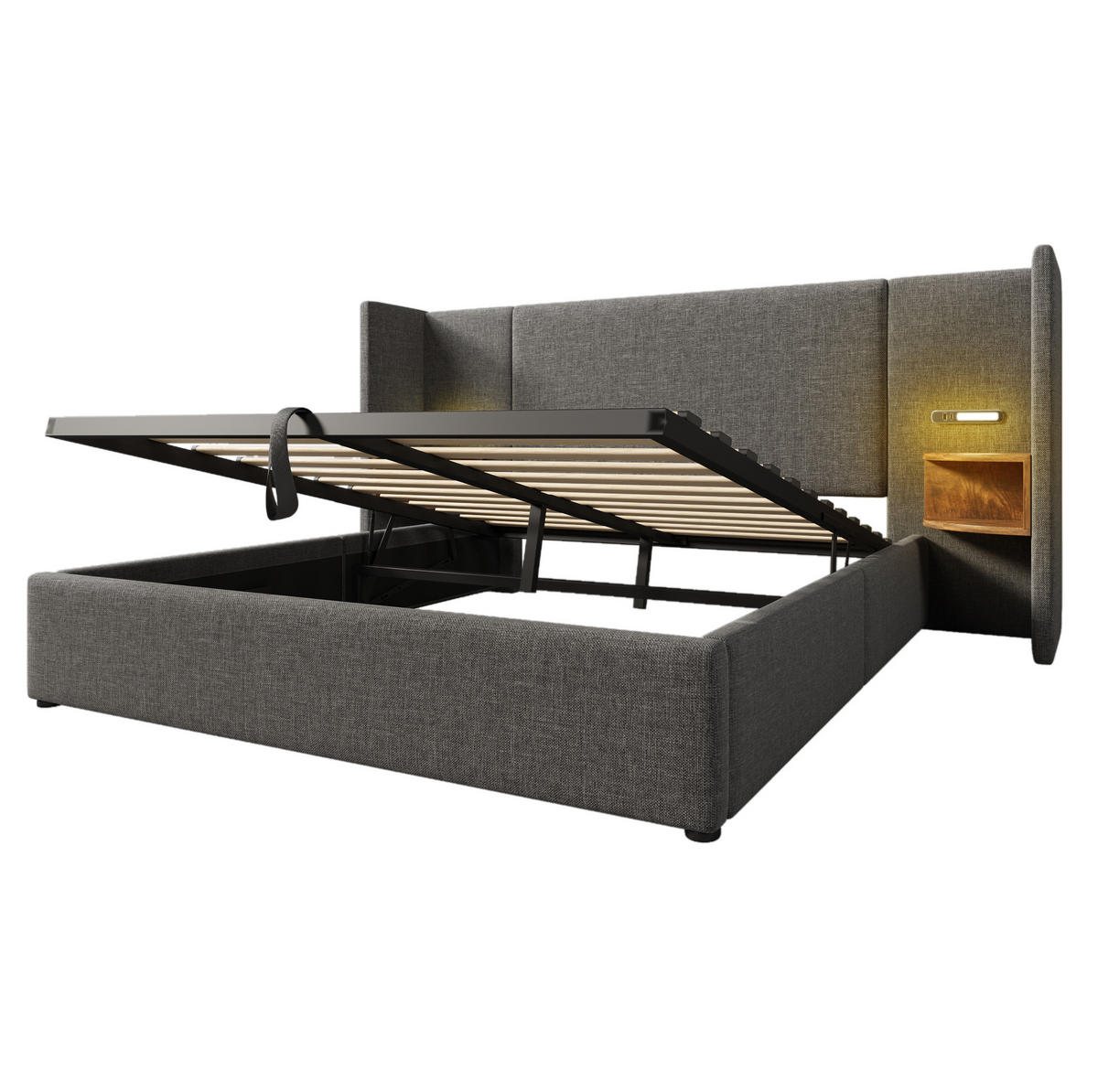 POLSTERBETT aus Leinen 160x200 cm Grau mit Bettkasten, Leselampe und USB-/Type-C-Anschlüssen - Grau, Textil (160/200cm) - IVMEU