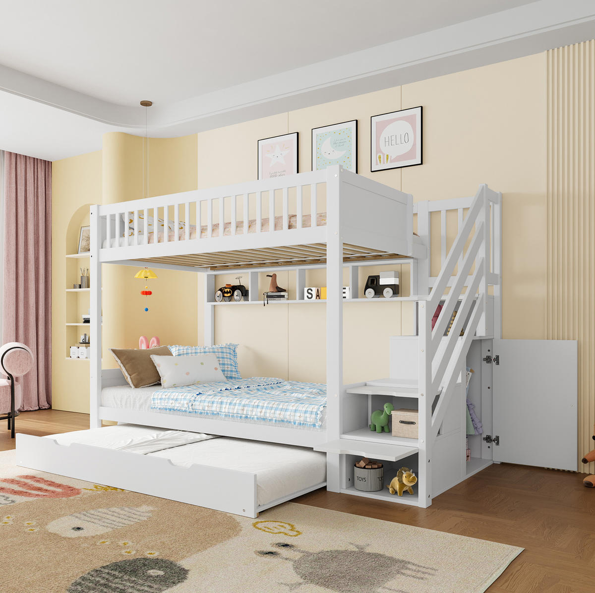 ETAGENBETT aus Kiefernholz und MDF 90x200 cm Weiß mit Ausziehbett, Stauraumtreppe und Kleiderschrank - Weiß, Holzwerkstoff (90/200cm) - IVMEU