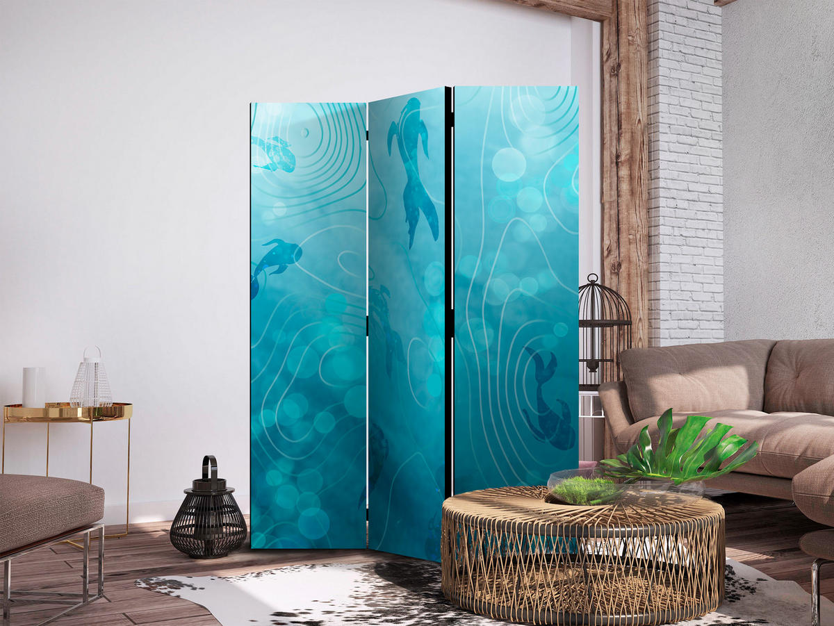 PARAVENT Beidseitig Bedruckter 3-tlg 135x172 cm Fische und Wellen - Blau, Holz/Textil (135/172/3cm) - Muralo