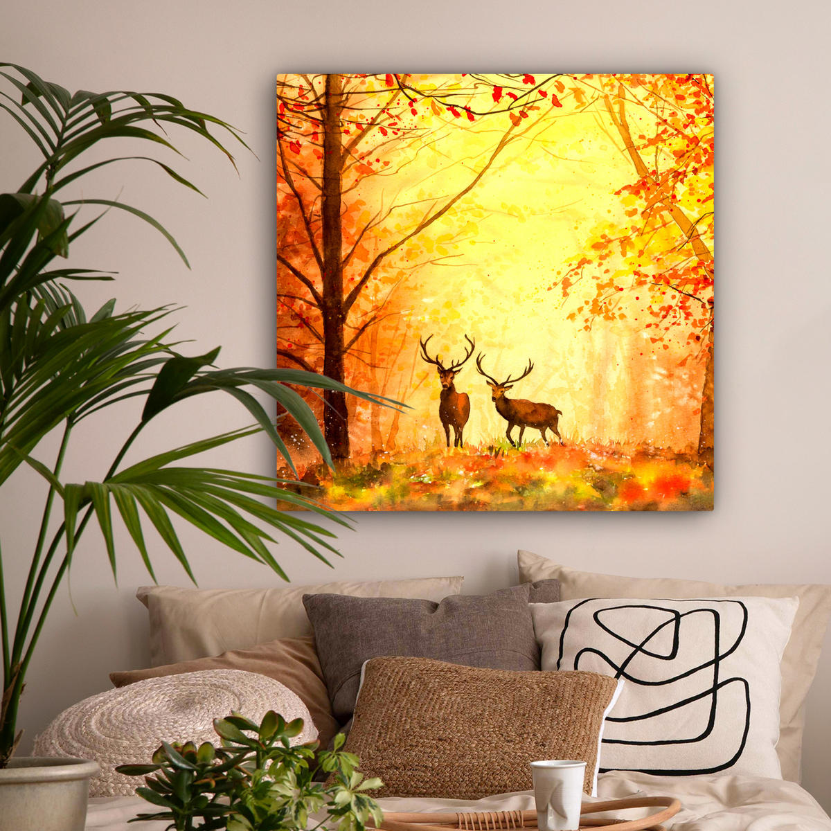 LEINWANDBILD Natur - Ölfarbe - Hirsche - Tiere - Herbst - Orange 90x90 cm - Orange, Textil (90/90cm) - MuchoWow