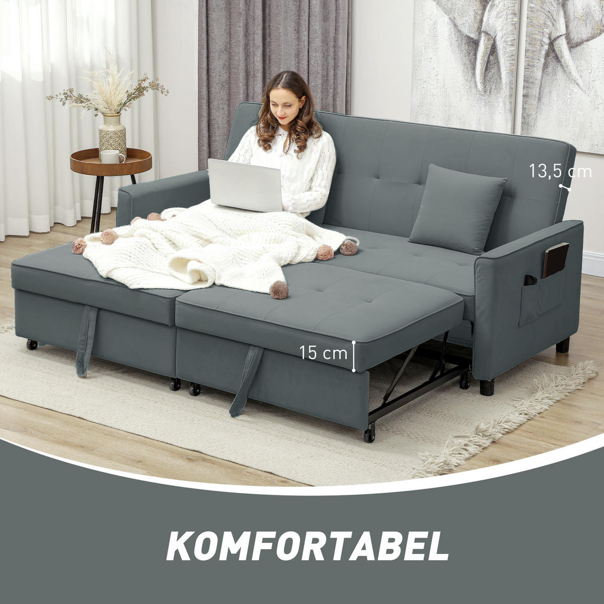 SOFABETT, 3-Sitzer-Couch, Schlafsofa mit ausziehbarem Bett, Grau - Grau, Textil (90/89/196cm) - HOMCOM
