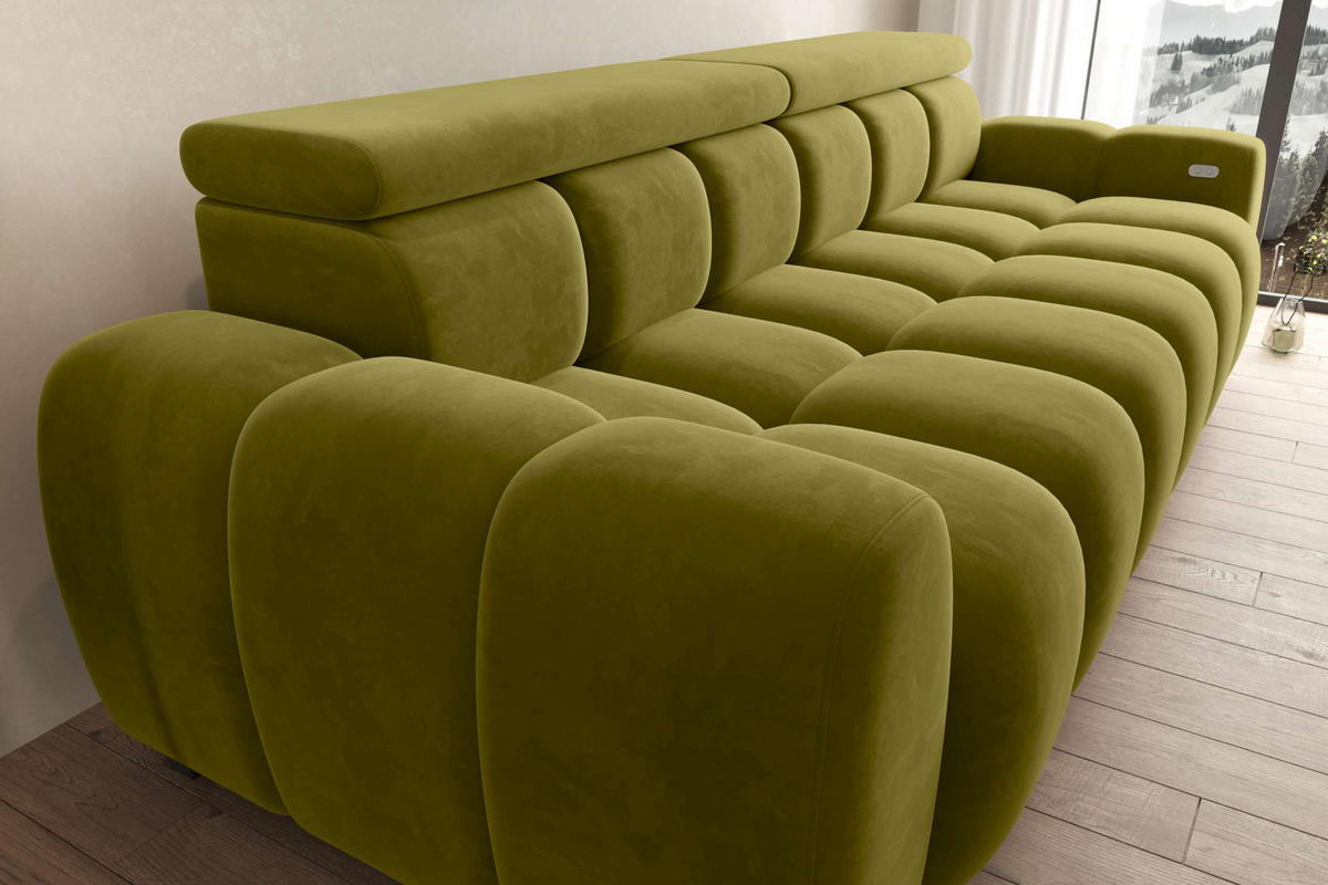 BIGSOFA ALESSIO Velours Olivgrün mit elektrischer Sitztiefenverstellung - Olivgrün, Kunststoff/Textil (248/77/108cm) - 99rooms