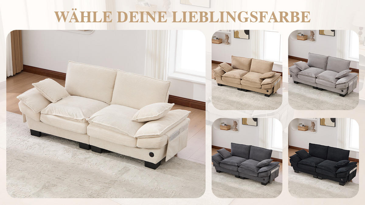 2-SITZER Sofa aus Corduroy 190x73x84 cm mit USB-C & Seitentaschen, beige - Beige, Textil (73/84/190cm)