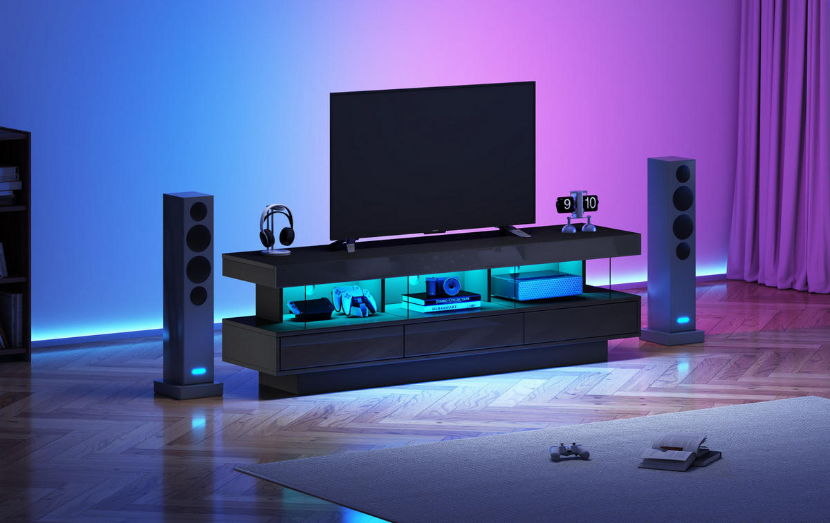 TV-LOWBOARD aus Spanplatte 160x38x50,5 cm Schwarz Hochglanz mit LED-Beleuchtung, Bluetooth-App-Steuerung und 3 Glasfächern - Schwarz, Holzwerkstoff (160/50.5/38cm) - Modfu