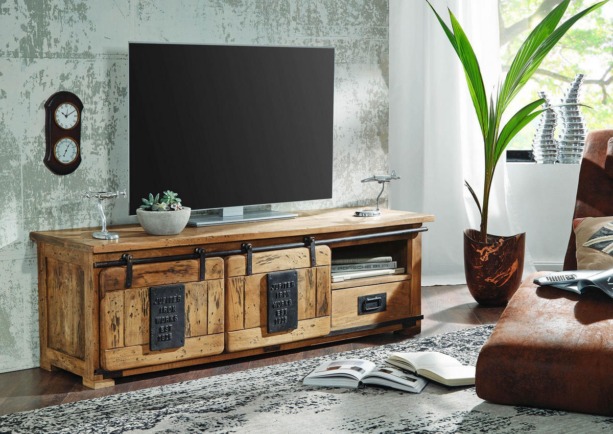 TV-BOARD Mango 160x45x50 natur lackiert RAILWAY #101 - Naturfarben, Holz (160/50/45cm) - Massivmoebel24