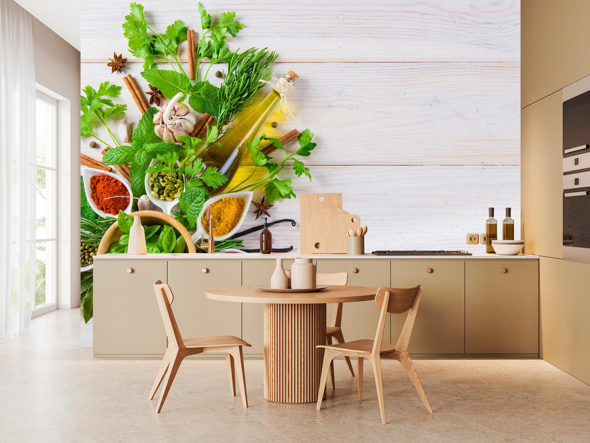 FOTOTAPETE für Küche Kräuterbukett Gewürze Aromen 200x140 - Gelb/Rot, Papier (200/140cm) - Muralo