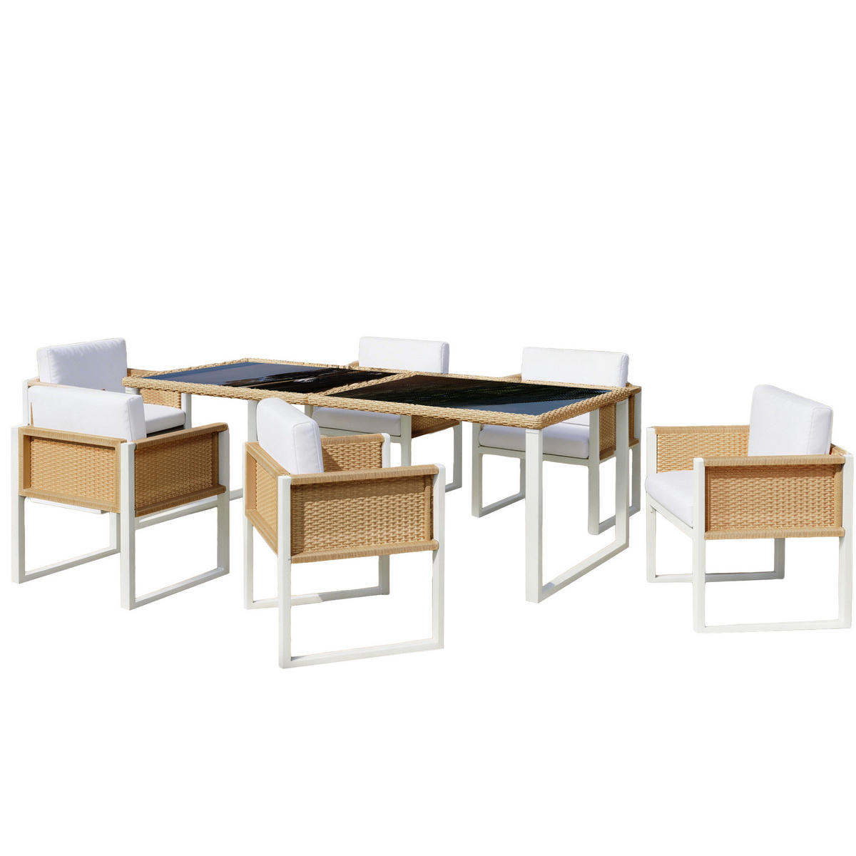GARTEN-ESSGRUPPE 170/80/75 cm braun/weiß aus PE-Rattan mit 6 Stühlen - Braun, Naturmaterialen - OKWISH