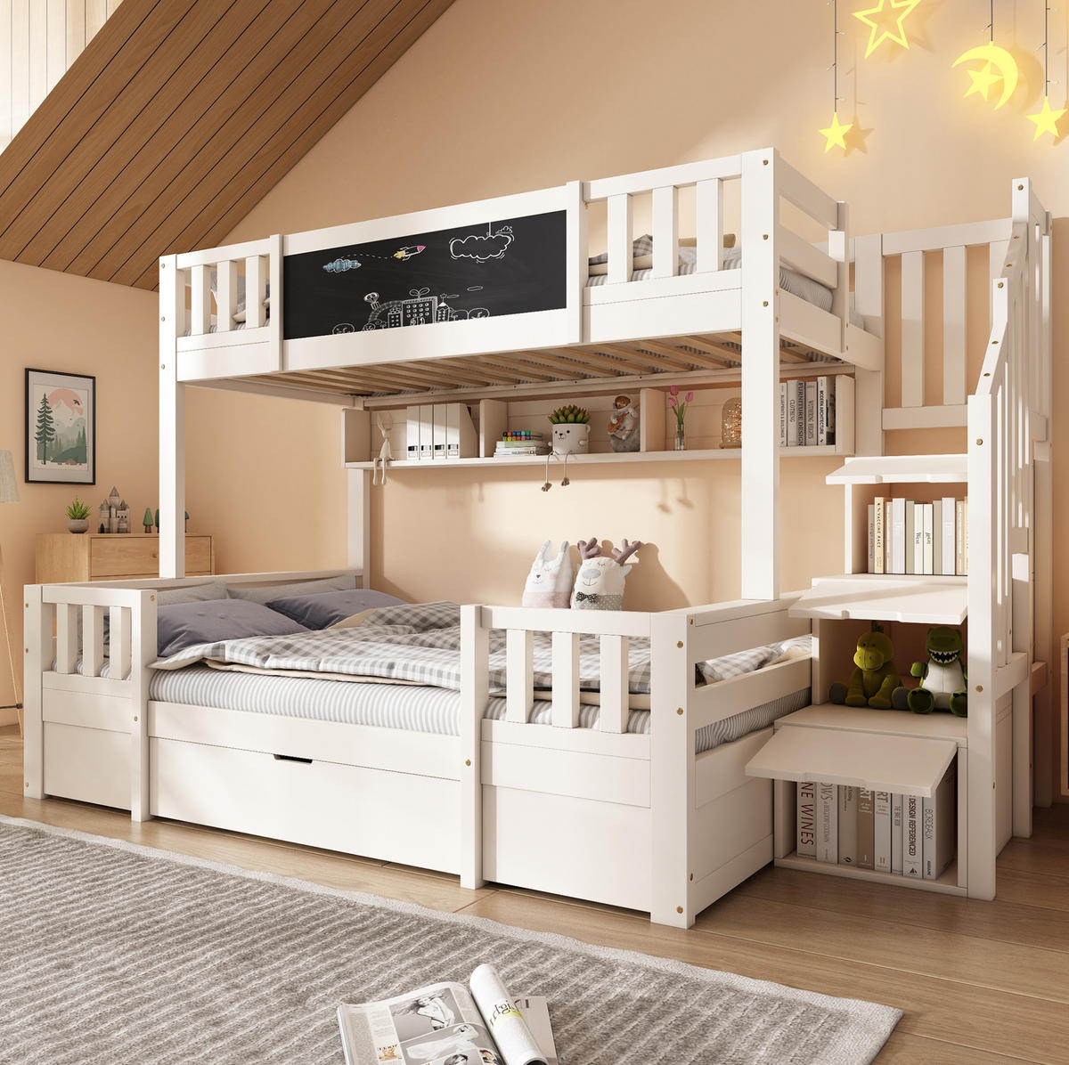 ETAGENBETT 90/200 & 140/200 cm mit Kreidetafel, Leiterschrank und Schubladen aus Massivholz, Weiß - Weiß, Holzwerkstoff (90/200cm) - Redom