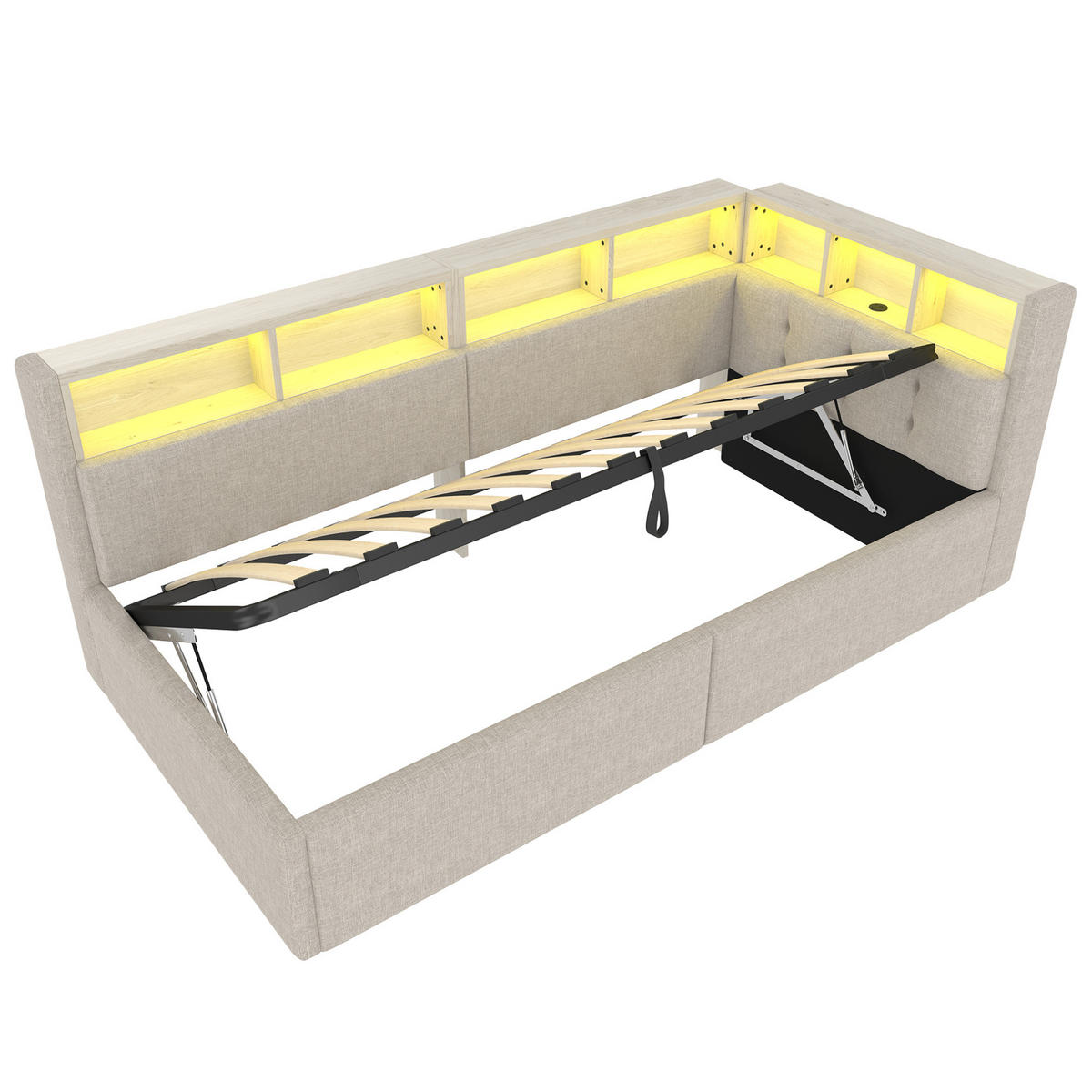 DENNÁ posteľ 90/200 cm béžová z ľanu a MDF s LED osvetlením, úložným priestorom a USB/USB-C - béžová, textil (90/200cm) - OKWISH