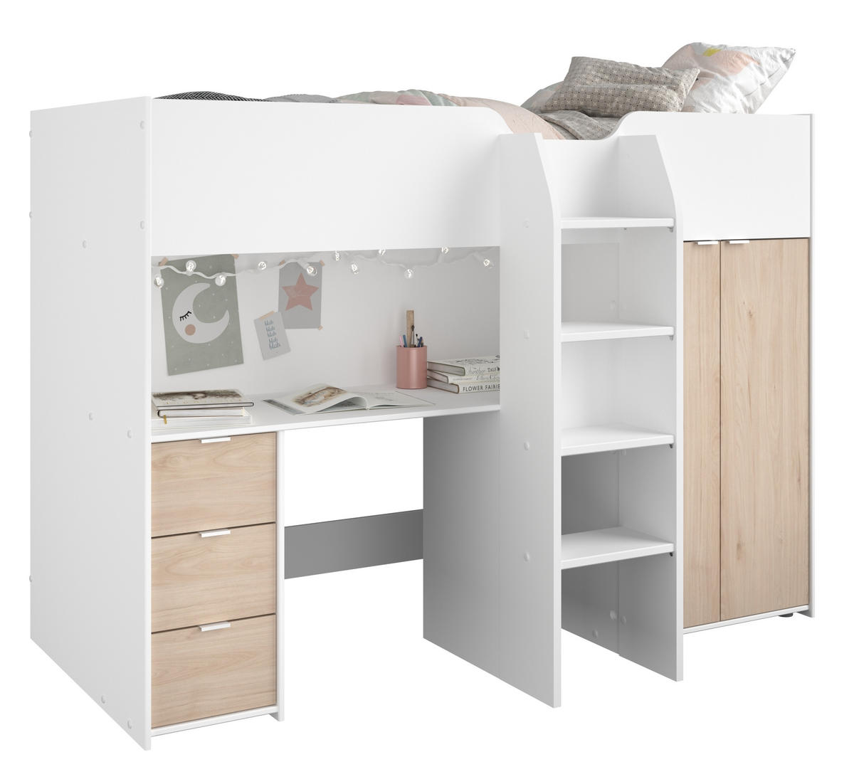HOCHBETT Tom 1 in Jackson Eiche und Weiß 90 x 200 cm mit integriertem Schreibtisch und Kleiderschrank - Braun, Holzwerkstoff (90/200cm)